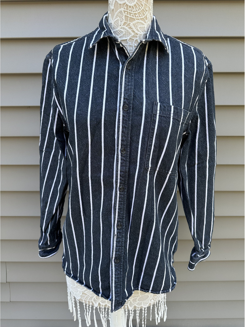 Topman Black and White Vertical Striped Button Up Shirt
